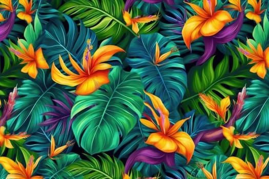 Tropical exotic pattern with animal and flowers in bright colors and lush vegetation. Ai Generative