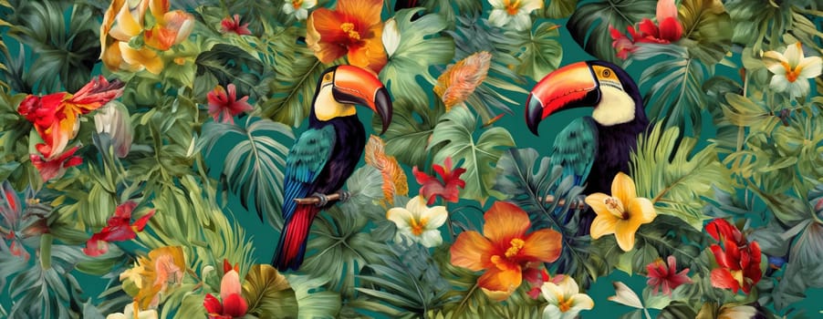 Tropical exotic pattern with animal and flowers in bright colors and lush vegetation. Ai Generative