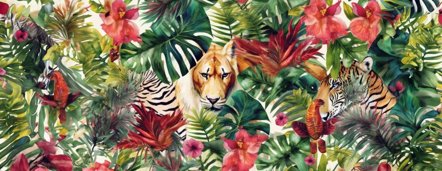 Tropical exotic pattern with animal and flowers in bright colors and lush vegetation. Ai Generative