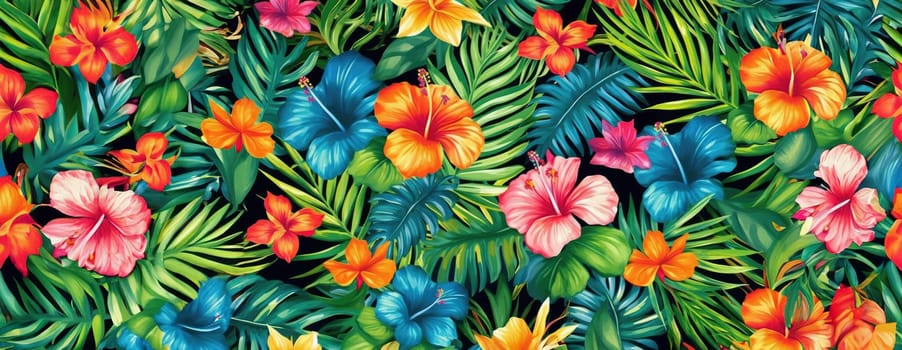 Tropical exotic pattern with animal and flowers in bright colors and lush vegetation. Ai Generative