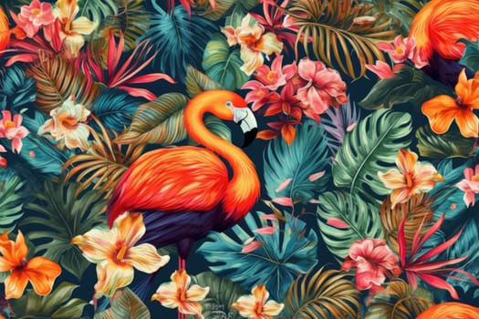 Tropical exotic pattern with animal and flowers in bright colors and lush vegetation. Ai Generative