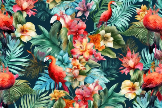 Tropical exotic pattern with animal and flowers in bright colors and lush vegetation. Ai Generative