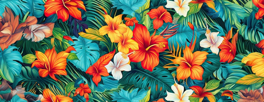 Tropical exotic pattern with animal and flowers in bright colors and lush vegetation. Ai Generative