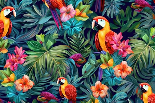 Tropical exotic pattern with animal and flowers in bright colors and lush vegetation. Ai Generative