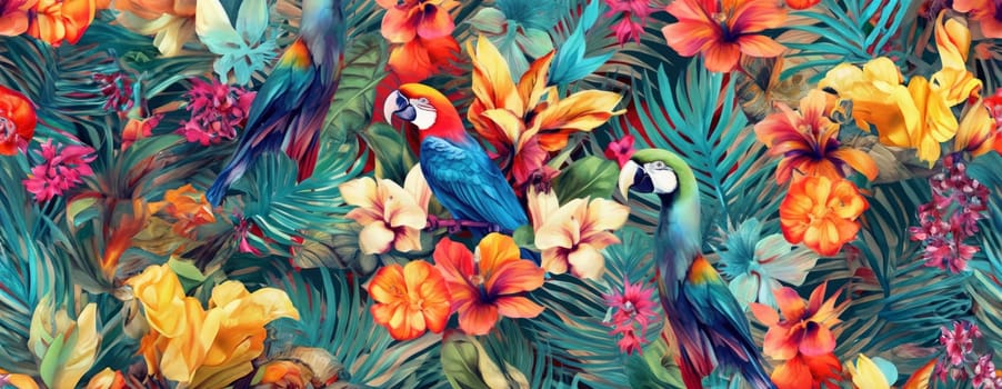 Tropical exotic pattern with animal and flowers in bright colors and lush vegetation. Ai Generative