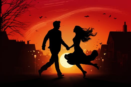 Silhouette of a loving couple of a man and a woman against a sunset background, the concept of love and relationships. Valentine's day background.