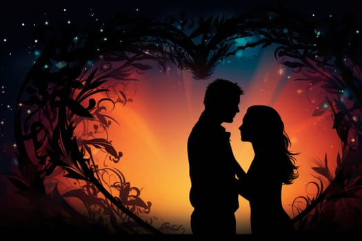 Silhouette of a loving couple of a man and a woman against a sunset background, the concept of love and relationships. Valentine's day background.