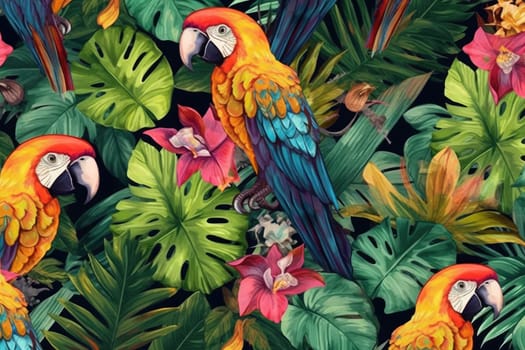 Tropical exotic pattern with animal and flowers in bright colors and lush vegetation. Ai Generative