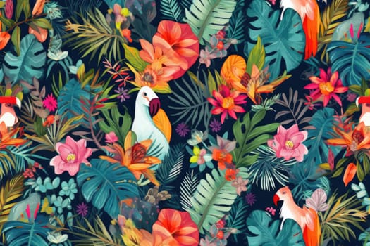 Tropical exotic pattern with animal and flowers in bright colors and lush vegetation. Ai Generative