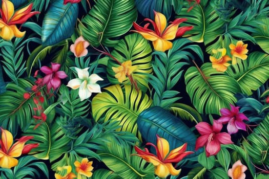 Tropical exotic pattern with animal and flowers in bright colors and lush vegetation. Ai Generative