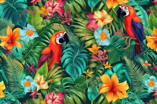 Tropical exotic pattern with animal and flowers in bright colors and lush vegetation. Ai Generative