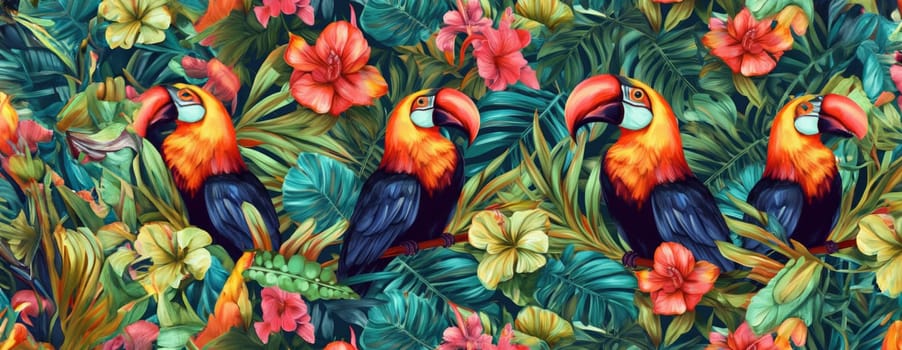 Tropical exotic pattern with animal and flowers in bright colors and lush vegetation. Ai Generative