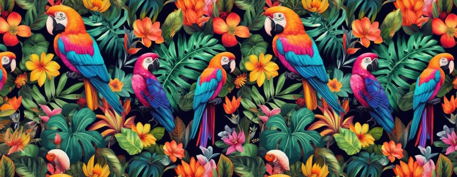 Tropical exotic pattern with animal and flowers in bright colors and lush vegetation. Ai Generative