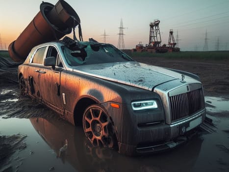 Crashed abandoned rusty expensive luxurious atmospheric 4 door powerful as circulation banned for co2 emission 2030 agenda dystopian concept ai generated