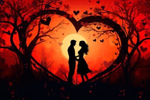 Silhouette of a loving couple of a man and a woman against a sunset background, the concept of love and relationships. Valentine's day background.