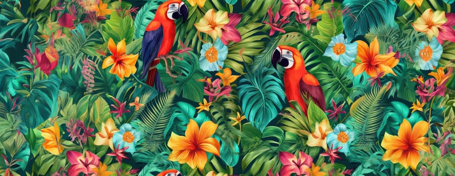 Tropical exotic pattern with animal and flowers in bright colors and lush vegetation. Ai Generative