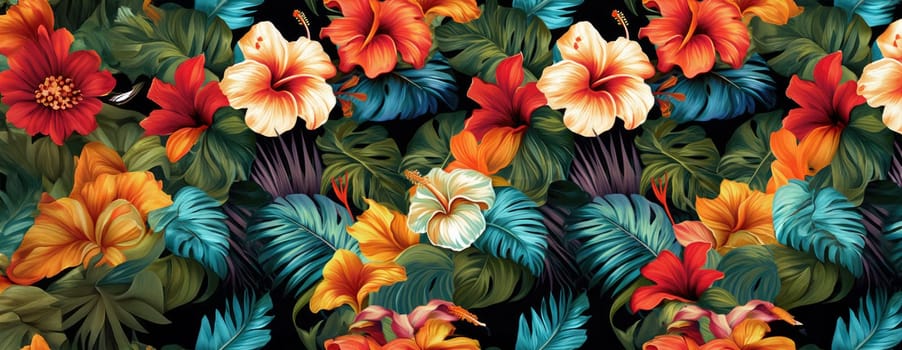 Tropical exotic pattern with animal and flowers in bright colors and lush vegetation. Ai Generative