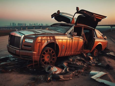 Crashed abandoned rusty expensive luxurious atmospheric 4 door powerful as circulation banned for co2 emission 2030 agenda dystopian concept ai generated