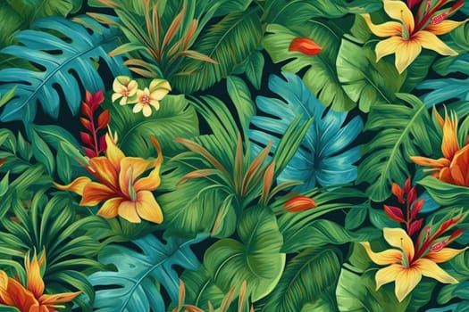 Tropical exotic pattern with animal and flowers in bright colors and lush vegetation. Ai Generative