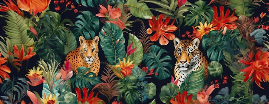 Tropical exotic pattern with animal and flowers in bright colors and lush vegetation. Ai Generative