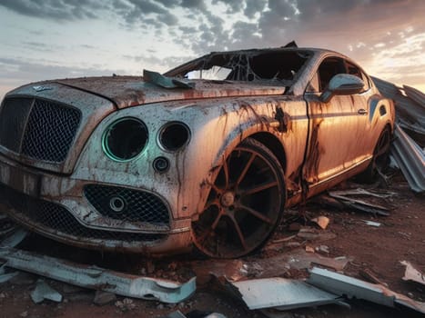 Crashed abandoned rusty expensive luxurious atmospheric 4 door powerful as circulation banned for co2 emission 2030 agenda dystopian concept ai generated