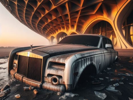 Crashed abandoned rusty expensive luxurious atmospheric 4 door powerful as circulation banned for co2 emission 2030 agenda dystopian concept ai generated