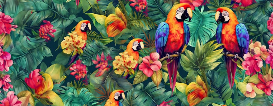 Tropical exotic pattern with animal and flowers in bright colors and lush vegetation. Ai Generative