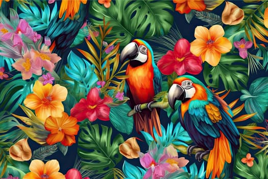 Tropical exotic pattern with animal and flowers in bright colors and lush vegetation. Ai Generative