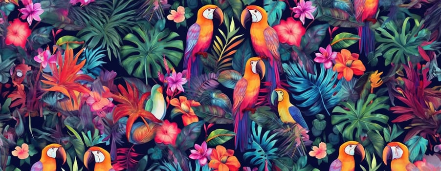 Tropical exotic pattern with animal and flowers in bright colors and lush vegetation. Ai Generative