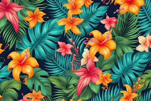 Tropical exotic pattern with animal and flowers in bright colors and lush vegetation. Ai Generative