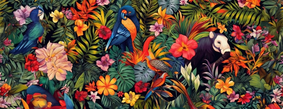 Tropical exotic pattern with animal and flowers in bright colors and lush vegetation. Ai Generative