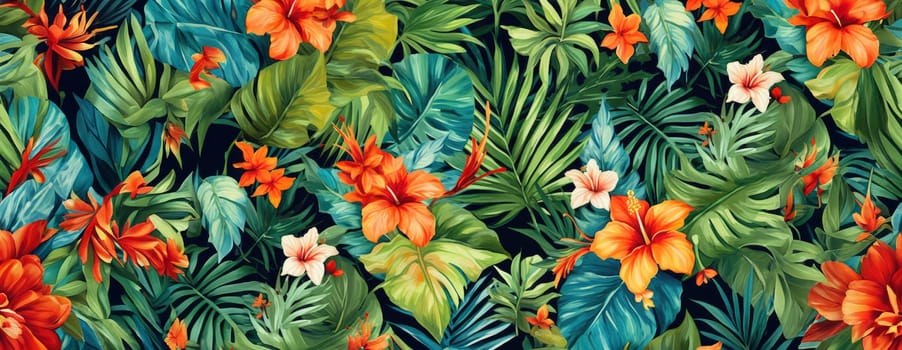 Tropical exotic pattern with animal and flowers in bright colors and lush vegetation. Ai Generative