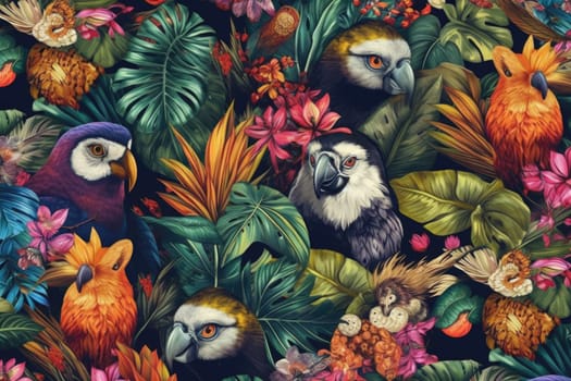 Tropical exotic pattern with animal and flowers in bright colors and lush vegetation. Ai Generative