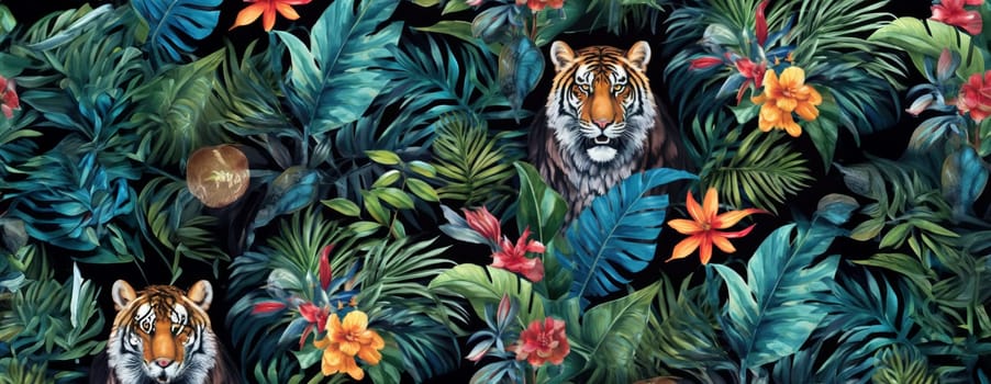 Tropical exotic pattern with animal and flowers in bright colors and lush vegetation. Ai Generative