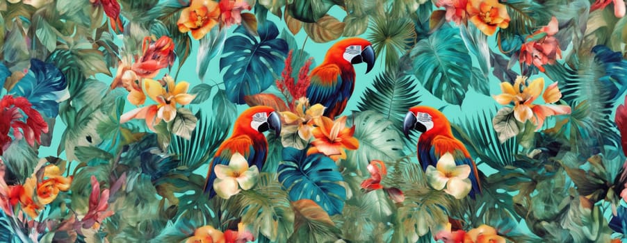 Tropical exotic pattern with animal and flowers in bright colors and lush vegetation. Ai Generative