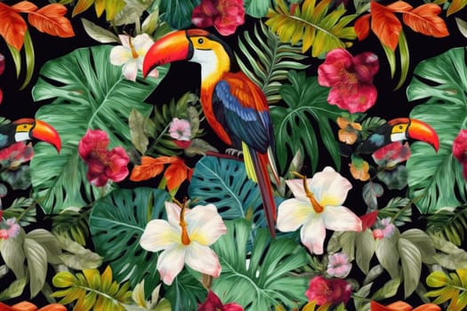 Tropical exotic pattern with animal and flowers in bright colors and lush vegetation. Ai Generative