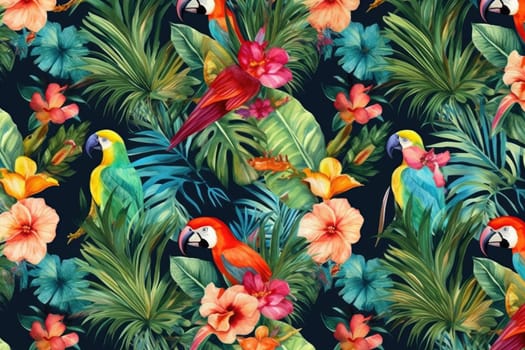 Tropical exotic pattern with animal and flowers in bright colors and lush vegetation. Ai Generative