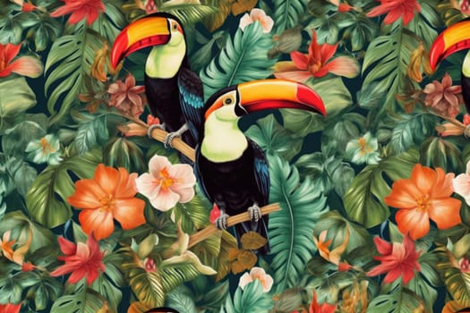 Tropical exotic pattern with animal and flowers in bright colors and lush vegetation. Ai Generative