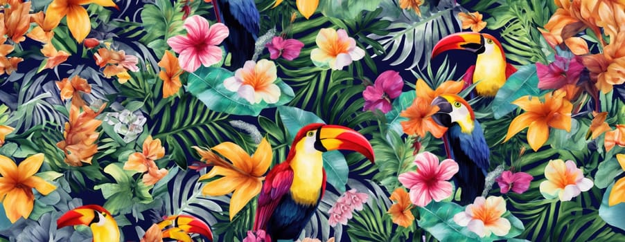 Tropical exotic pattern with animal and flowers in bright colors and lush vegetation. Ai Generative