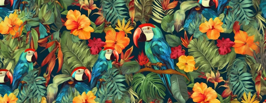 Tropical exotic pattern with animal and flowers in bright colors and lush vegetation. Ai Generative