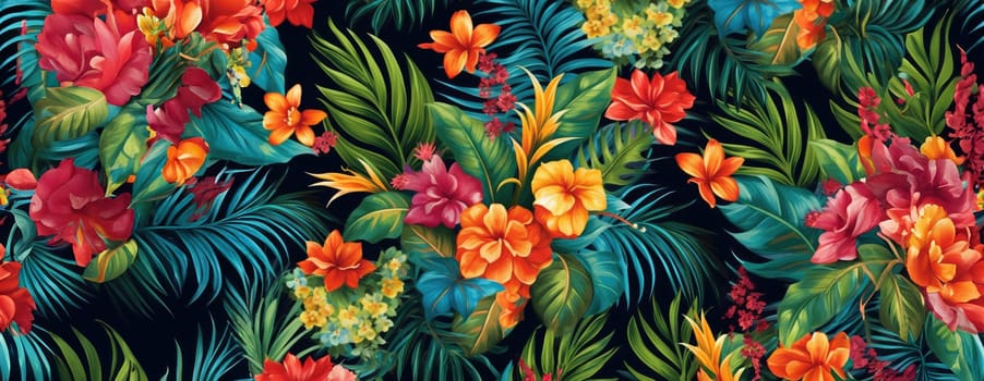 Tropical exotic pattern with animal and flowers in bright colors and lush vegetation. Ai Generative