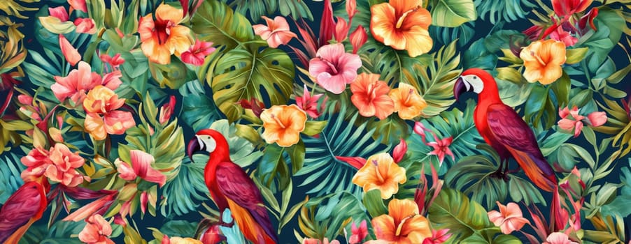 Tropical exotic pattern with animal and flowers in bright colors and lush vegetation. Ai Generative