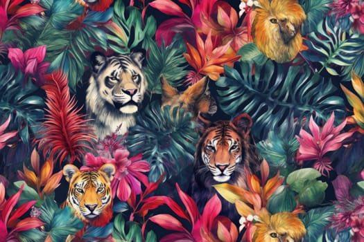 Tropical exotic pattern with animal and flowers in bright colors and lush vegetation. Ai Generative