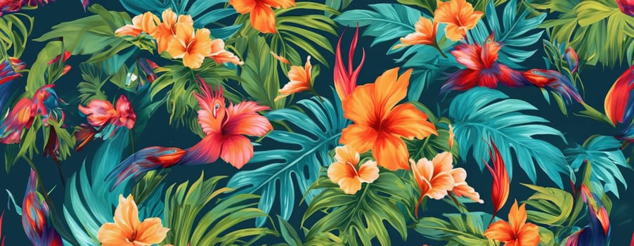 Tropical exotic pattern with animal and flowers in bright colors and lush vegetation. Ai Generative