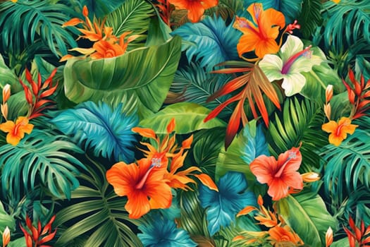 Tropical exotic pattern with animal and flowers in bright colors and lush vegetation. Ai Generative