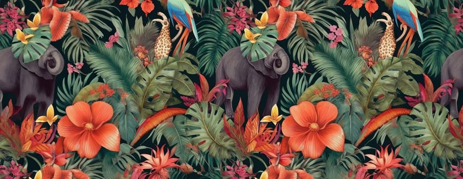 Tropical exotic pattern with animal and flowers in bright colors and lush vegetation. Ai Generative