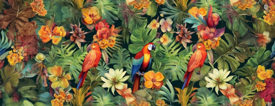 Tropical exotic pattern with animal and flowers in bright colors and lush vegetation. Ai Generative