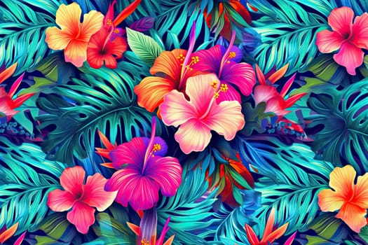 Tropical exotic pattern with animal and flowers in bright colors and lush vegetation. Ai Generative