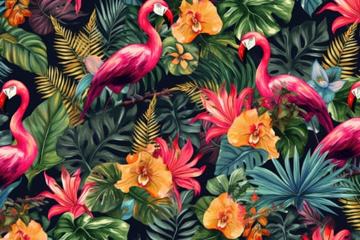 Tropical exotic pattern with animal and flowers in bright colors and lush vegetation. Ai Generative