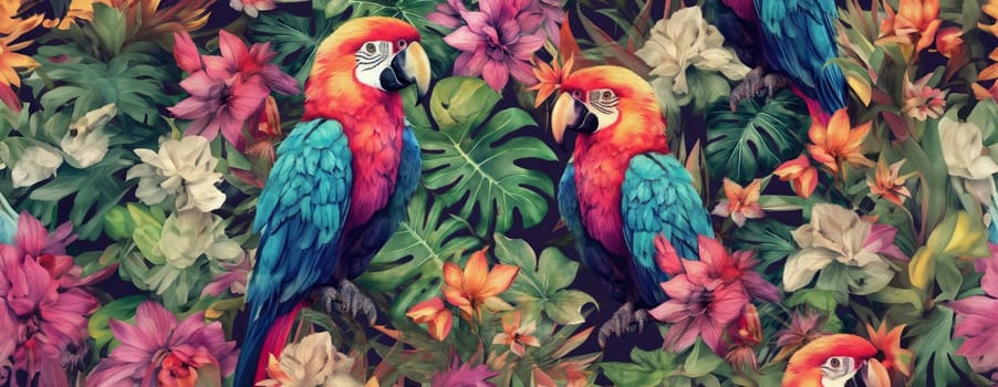 Tropical exotic pattern with animal and flowers in bright colors and lush vegetation. Ai Generative